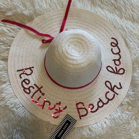 White & Pink with Pink Sequin Resting Beach Face Woven Sun beach hat NWT - Picture 1 of 6
